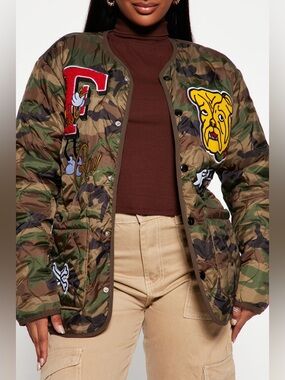 First Row Camo Patchwork Bomber Jacket - Green/Brown Unisex Men Medium